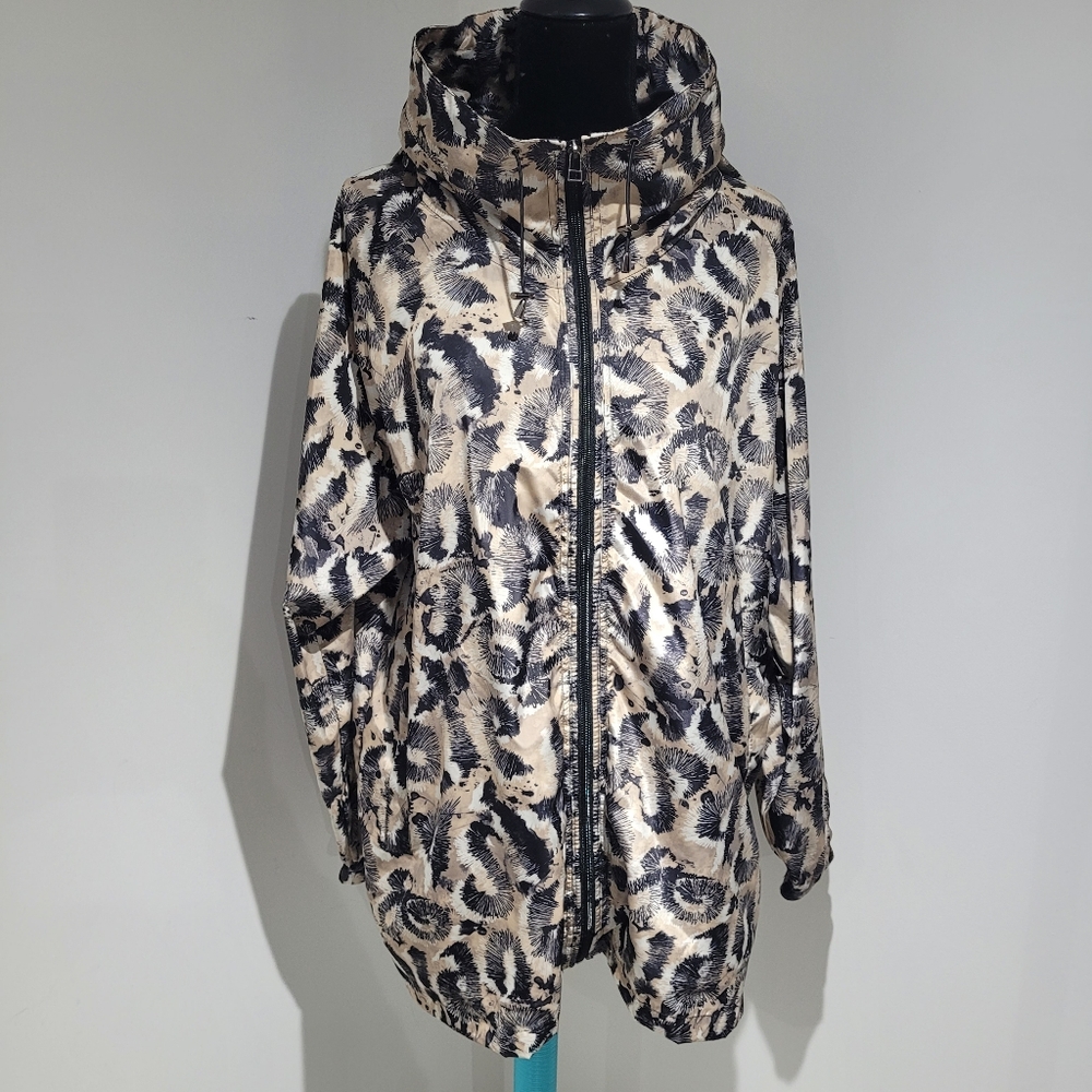 Tonia Debellis Women's Abstract Print Hooded Raincoat Medium Brown Black Spring